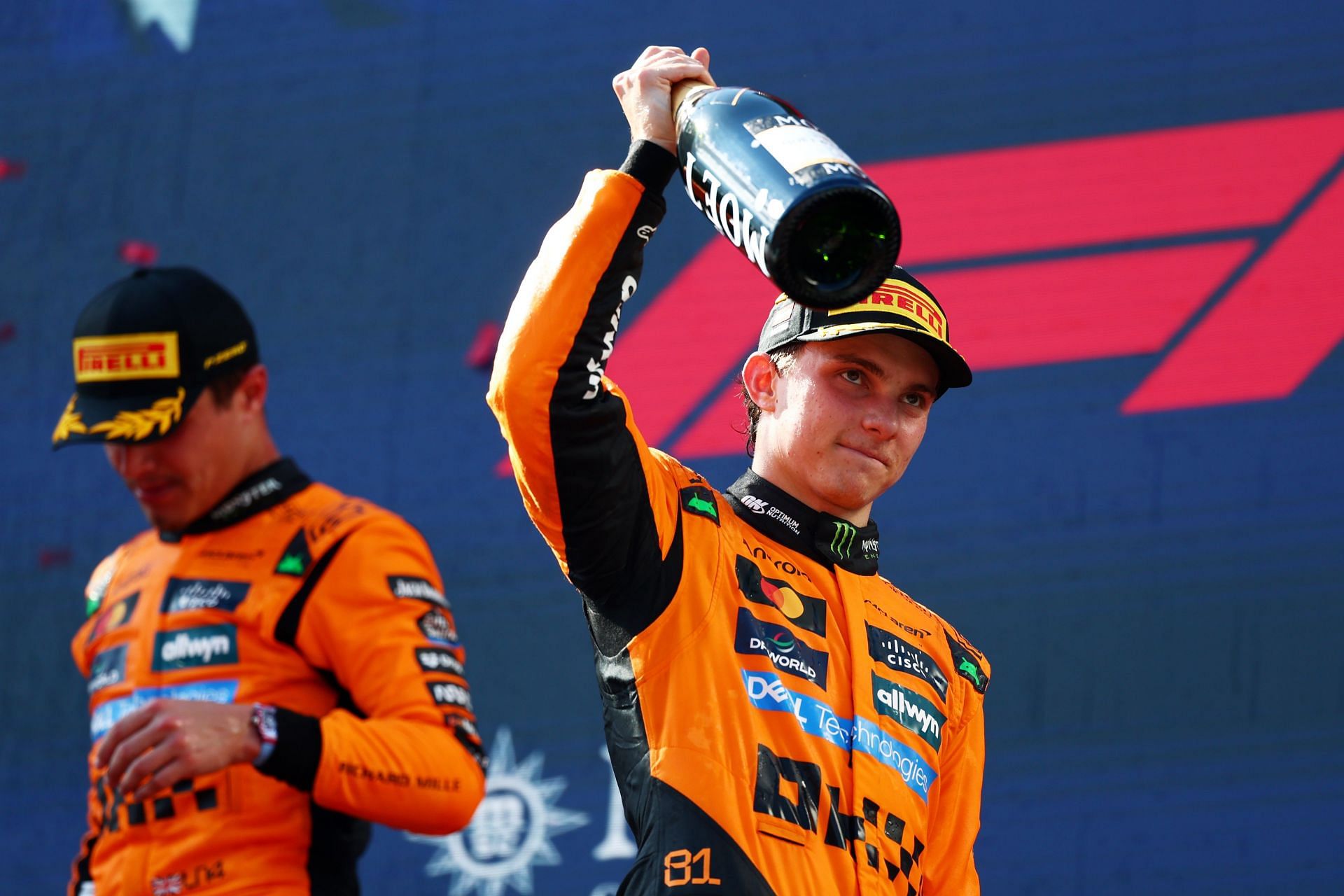 McLaren's Oscar Piastri and Lando Norris on the podium after the F1 Grand Prix of Austria. Source: Getty